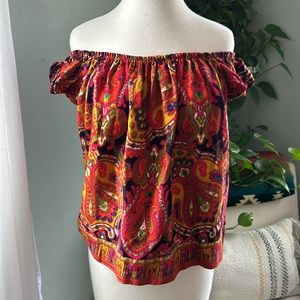 Victor Bijou • Vintage Off The Shoulder Red Paisley Print Top • Short Sleeve